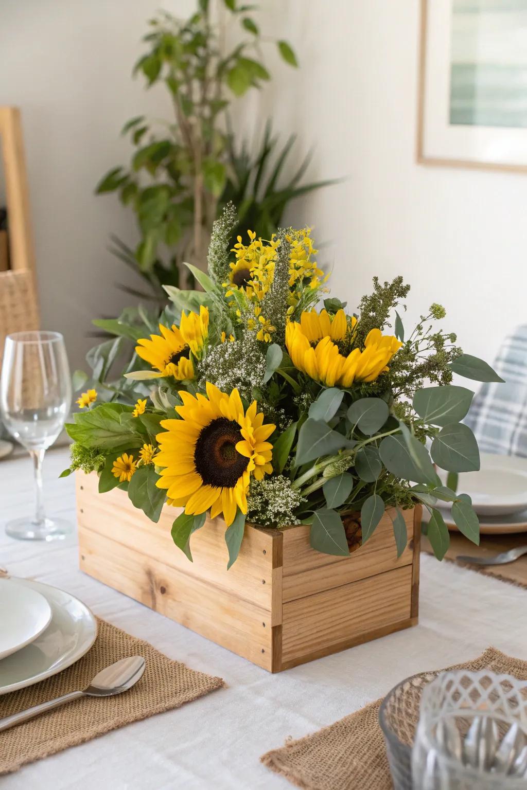 A wooden crate teeming with sunflowers forms a memorable centerpiece.