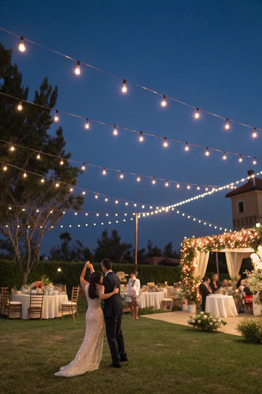 Fairy lights are hung in an elegant manner to create a magical wedding ambiance.