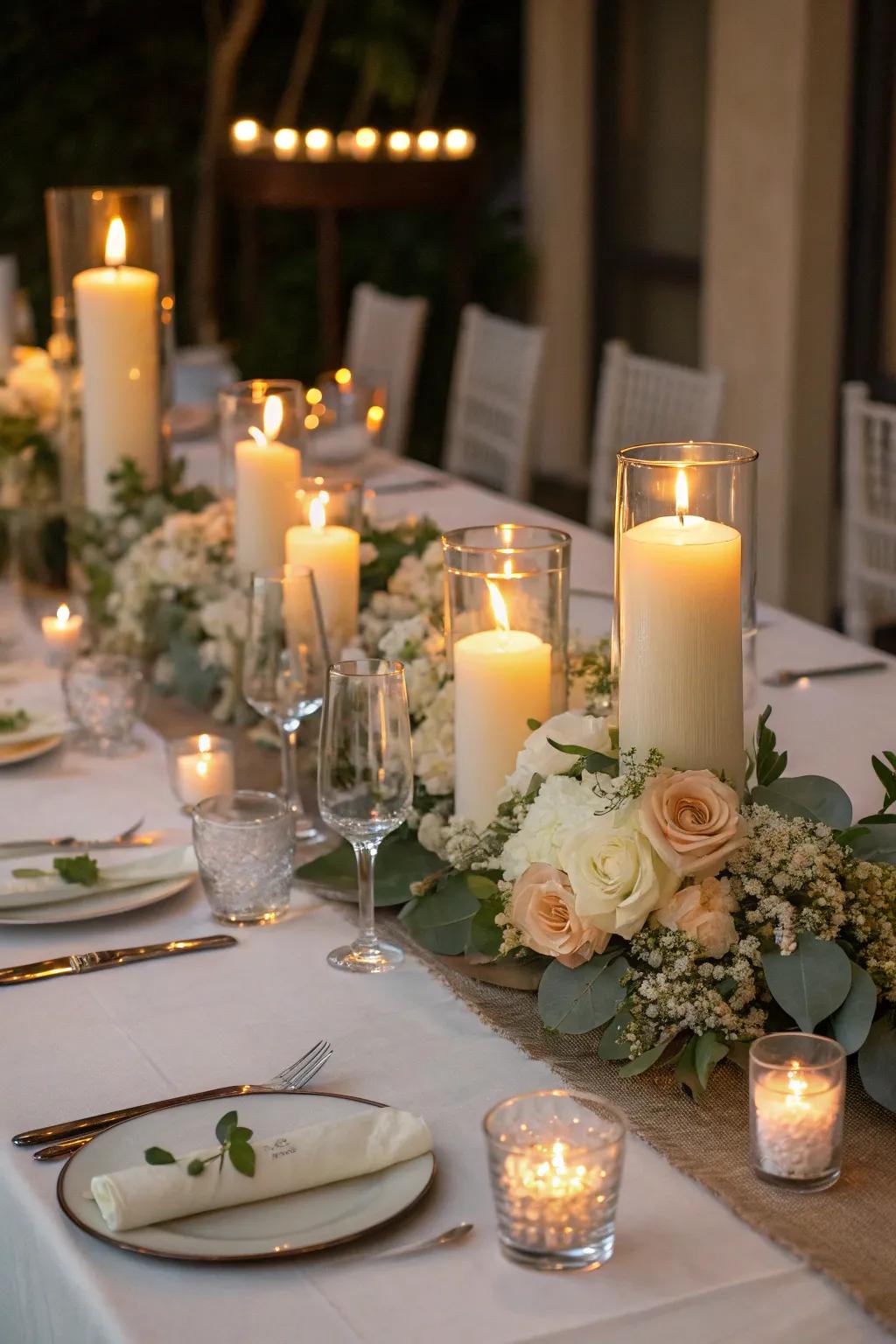 Candles throwing a loving light onto the wedding platform.