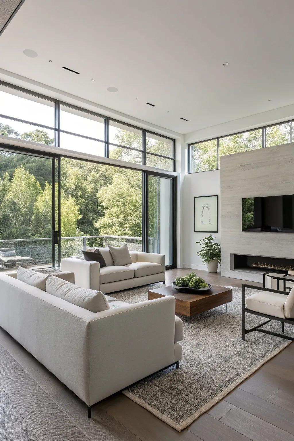 A simple living room showcasing streamlined, up-to-date furniture.