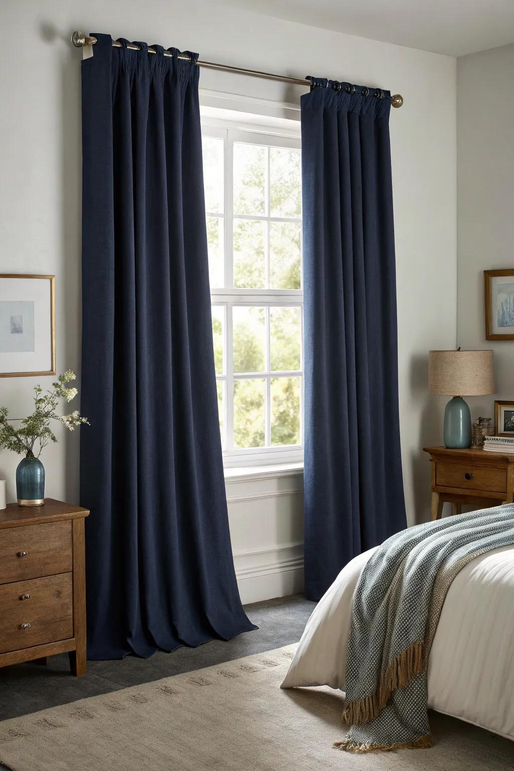 A dark blue blackout drape provides style and function in this serene bedroom.