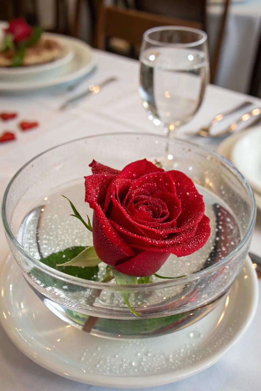 A floating rose centerpiece infuses refinement into your dining space.