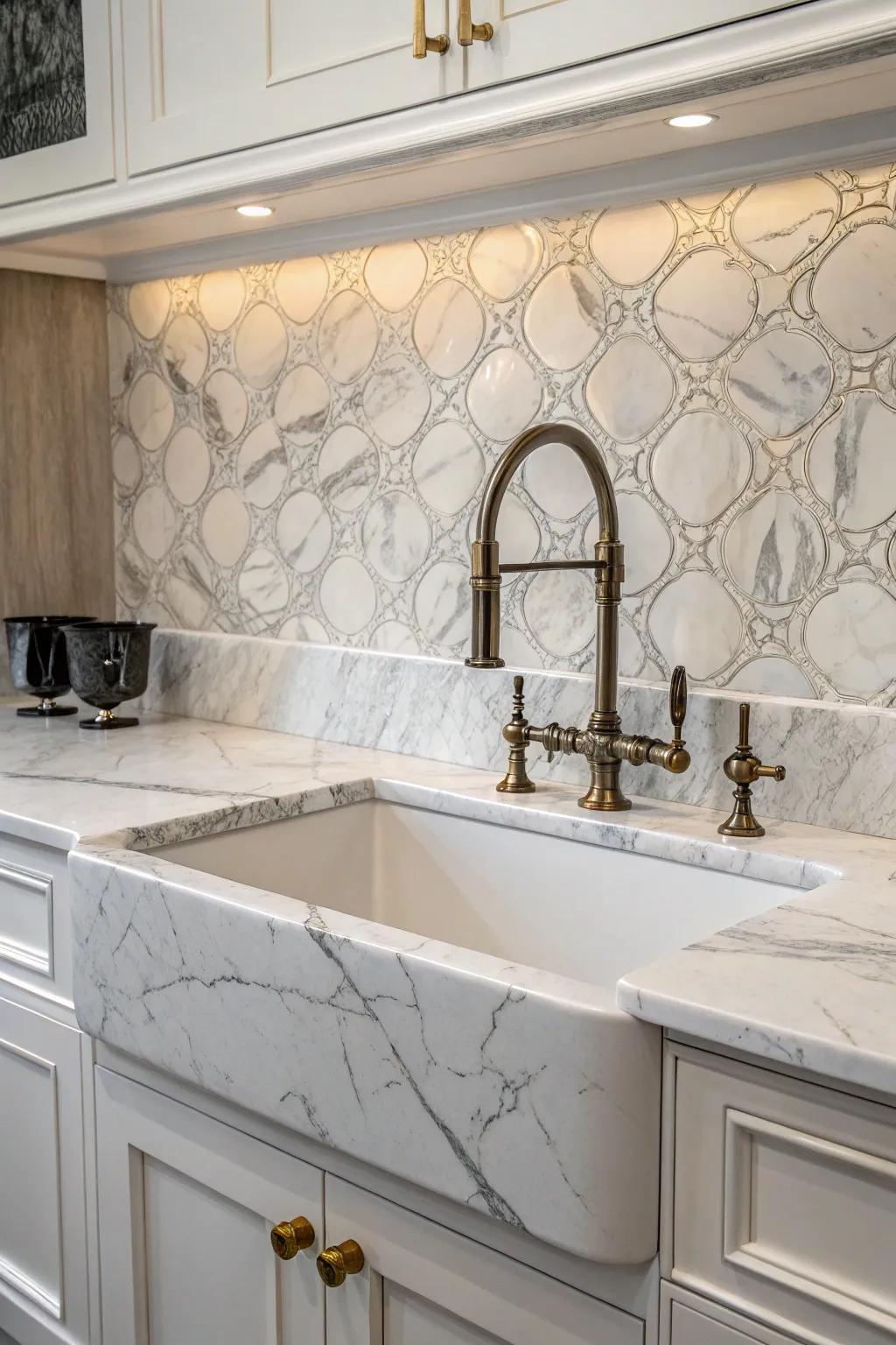 Elegant marble backsplash enhances the kitchen's sophistication.