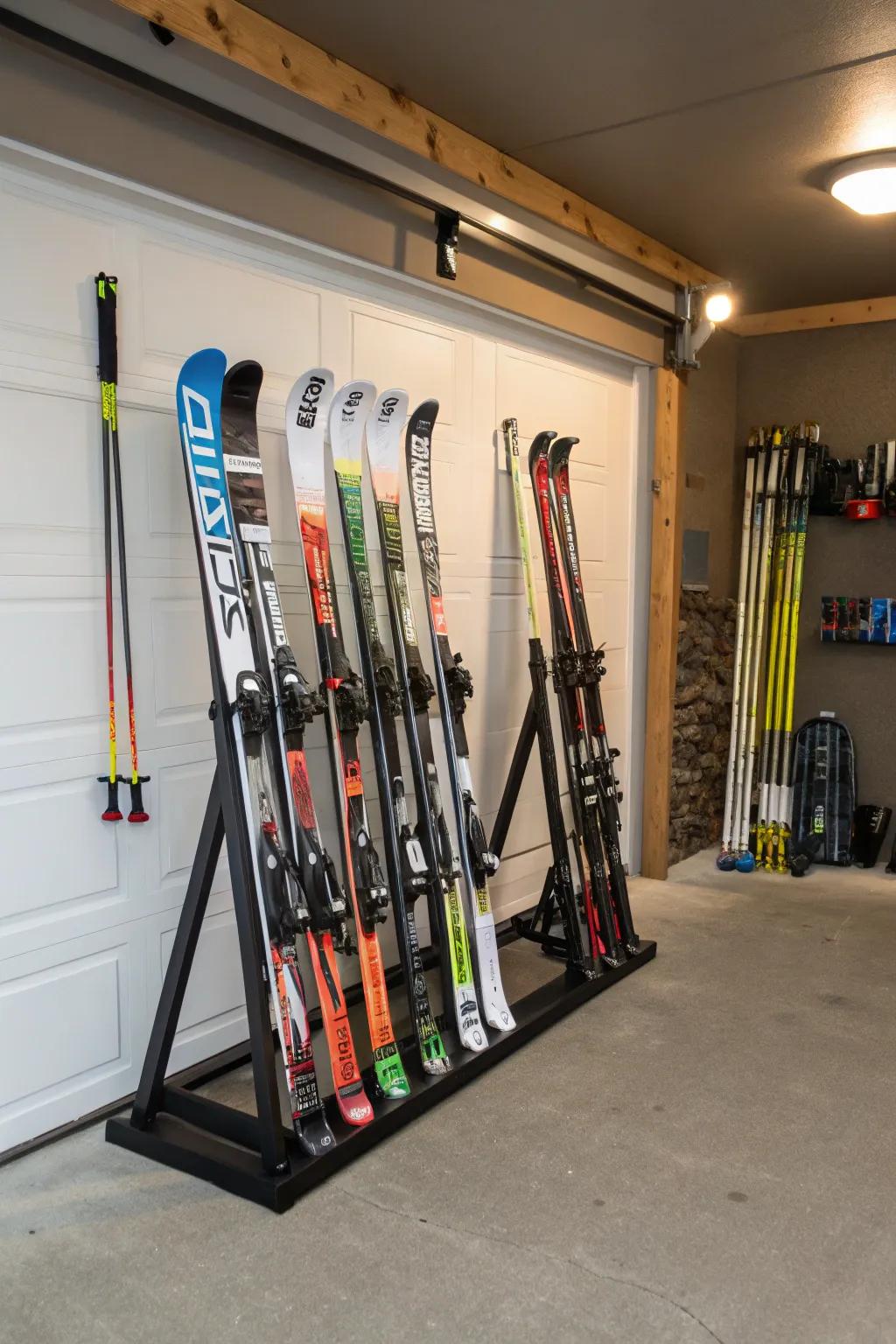 For garages, freestanding racks are ideal because they keep skis upright and organized.