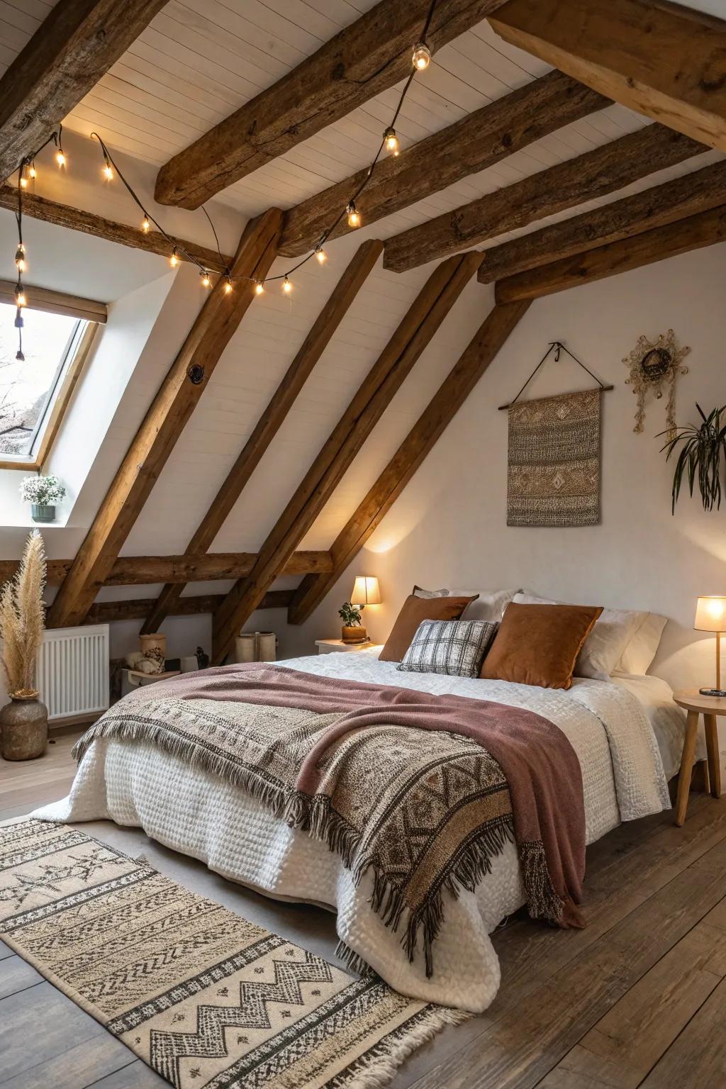 An attic bedroom shows off beautifully exposed wooden support structures.