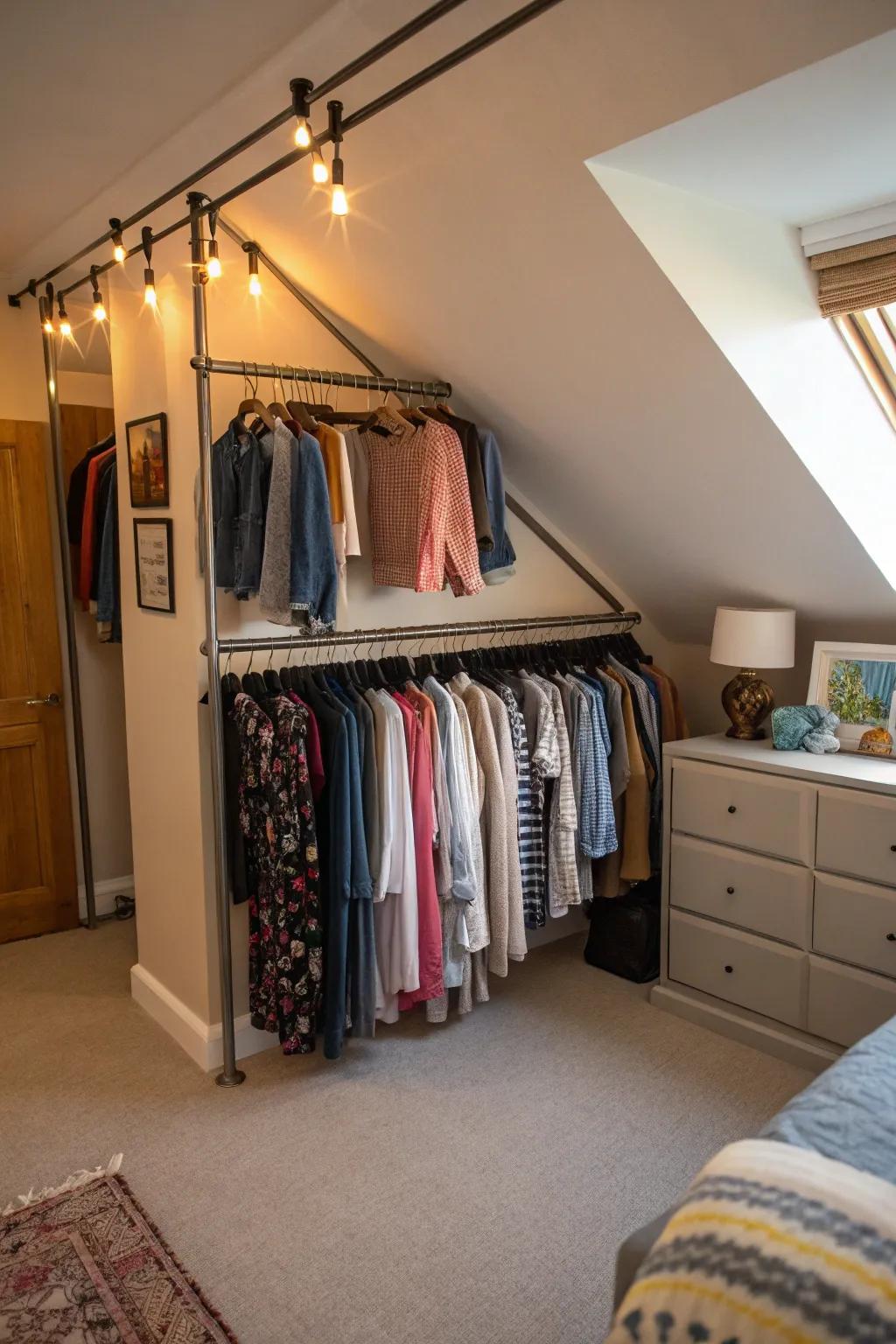 Make the most of your closet space under slanted walls with hanging rods.