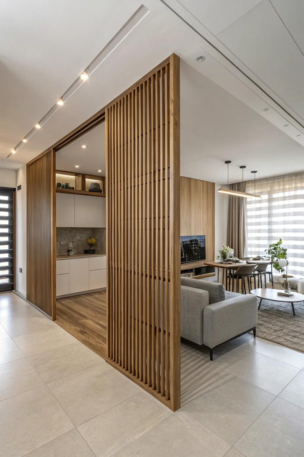 An open-concept living area uses a wood-look wall as a fashionable room divider.