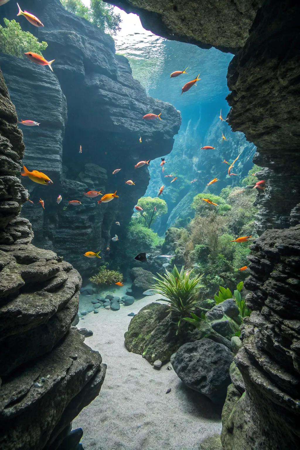 Fish relishing their slate nook sanctuaries.