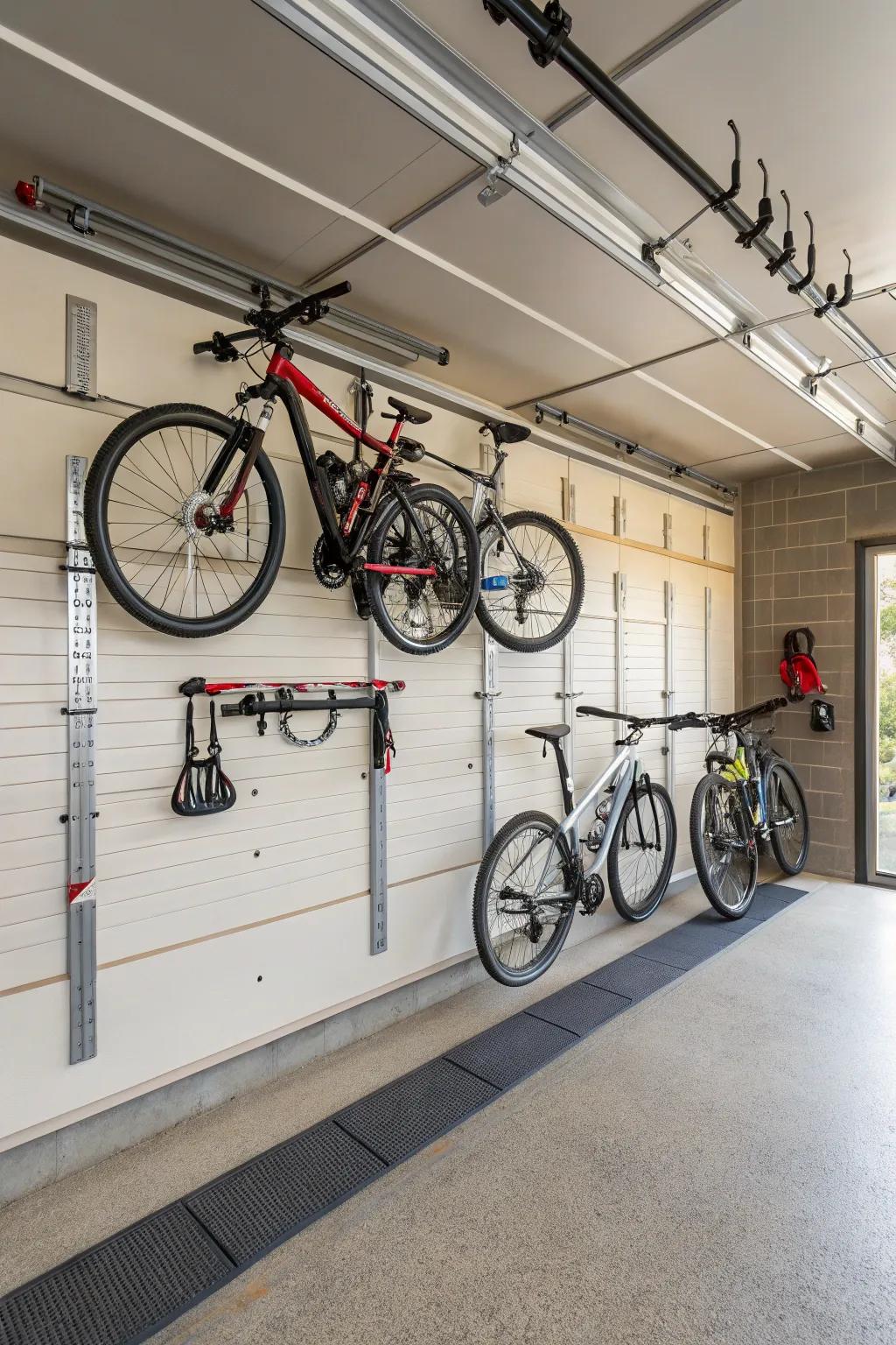 Having bikes stored vertically on a slatwall helps keep your garage floor open.