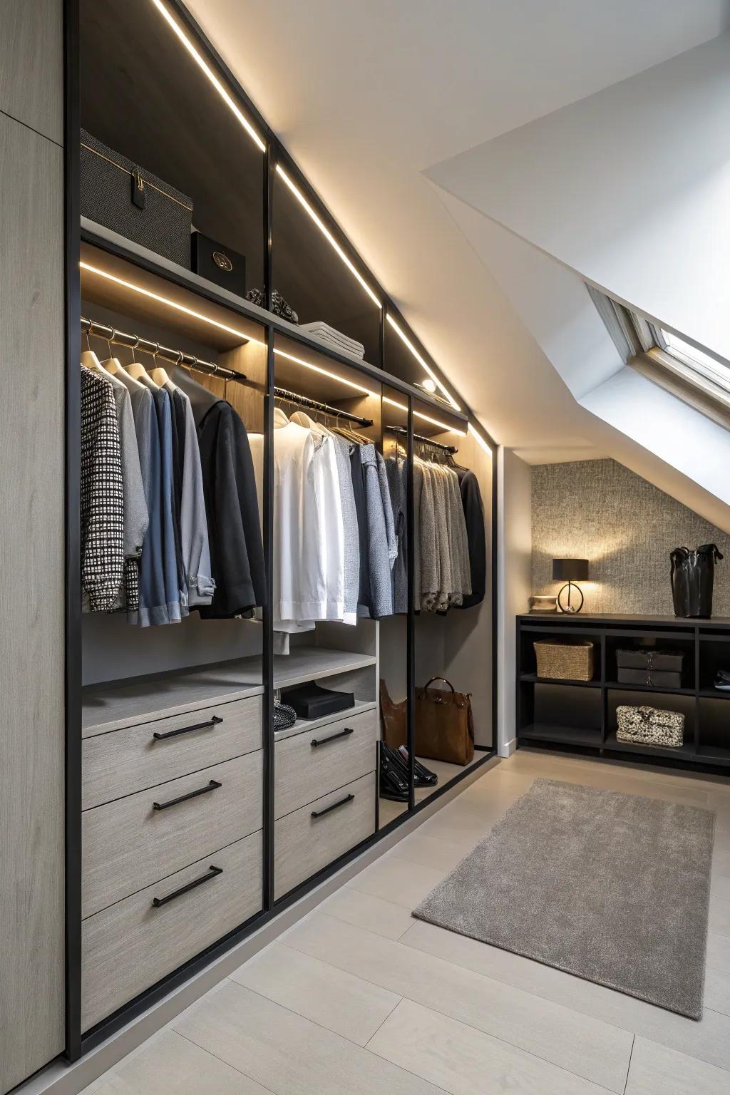 Employ hanging rods at varying heights to efficiently store garments of different lengths.