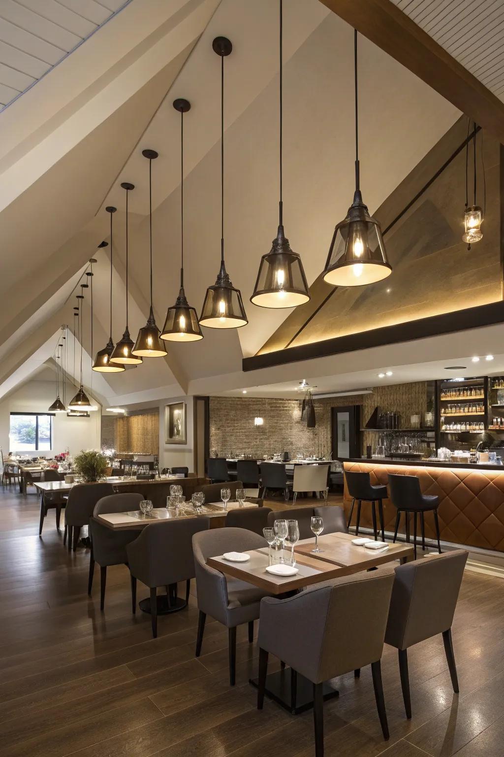 Adjustable pendant lights contribute depth and visual appeal to sloped ceilings.