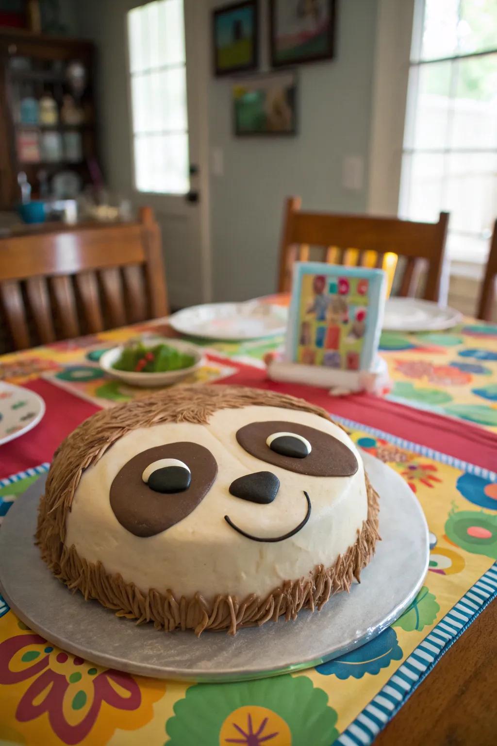 A sloth face cake is welcoming and enjoyable.