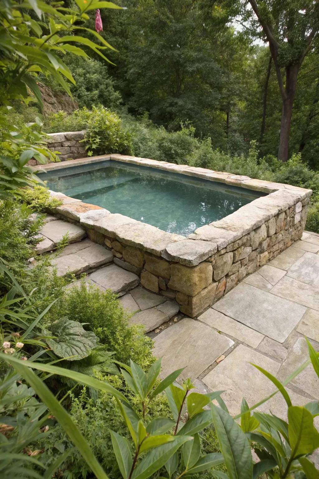 A charming above-ground pool showcasing the elegance of natural stone.