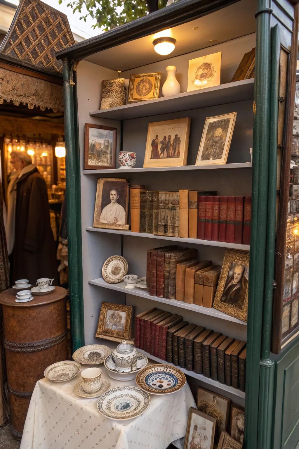 Vertical display units exhibiting artifacts and old-fashioned literature