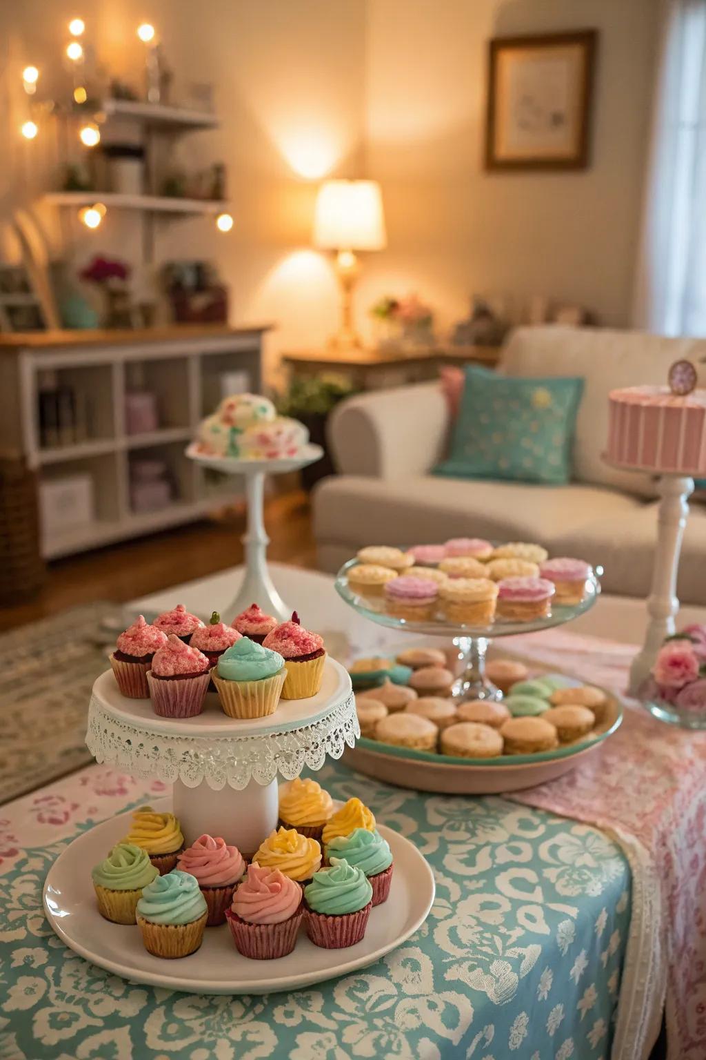 A delightful dessert table arrangement that's simply perfect for a sweet festivity.