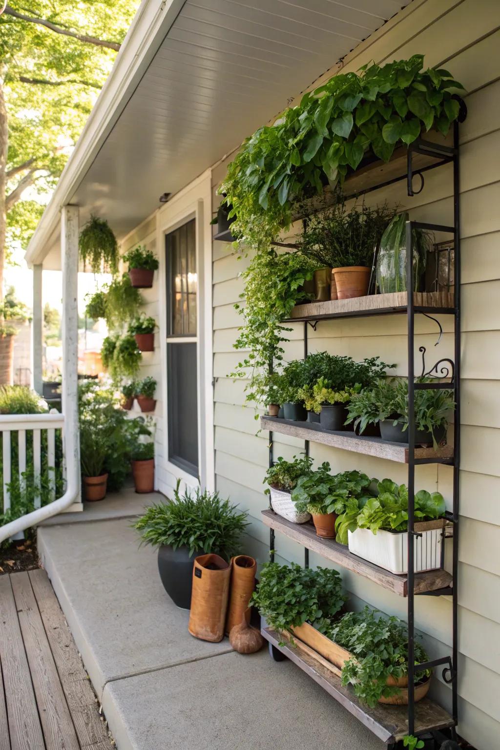 Wall planters bring nature to a small back porch without using floor space.