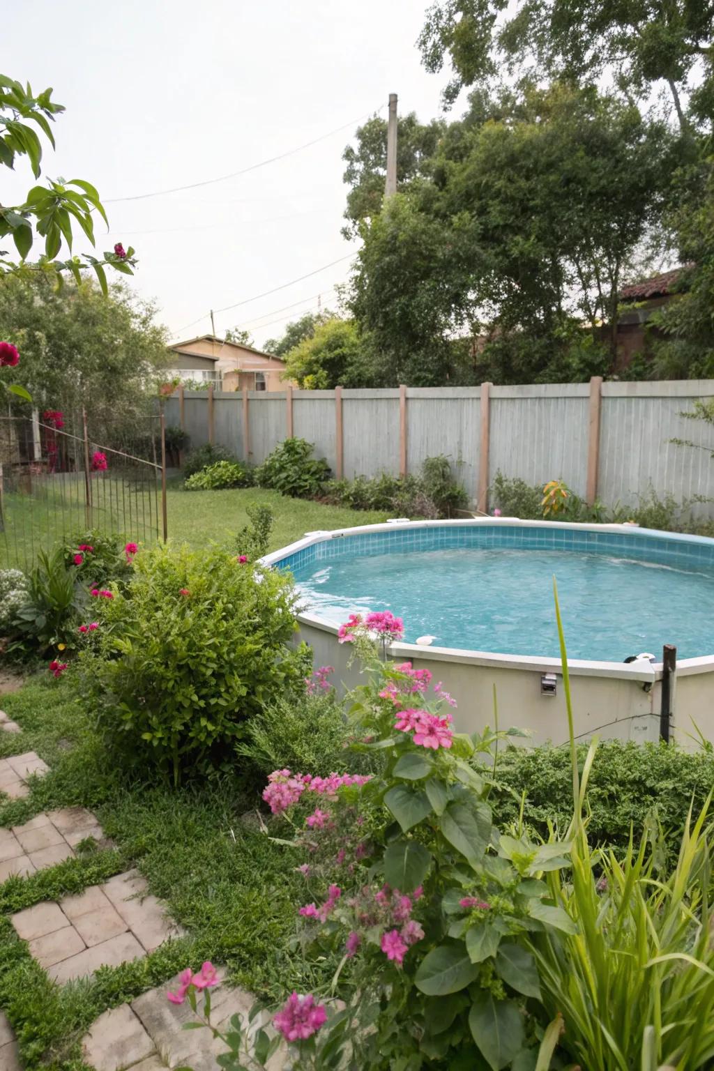 An above-ground pool surrounded by lively plants and flowers, creating a serene hideaway.