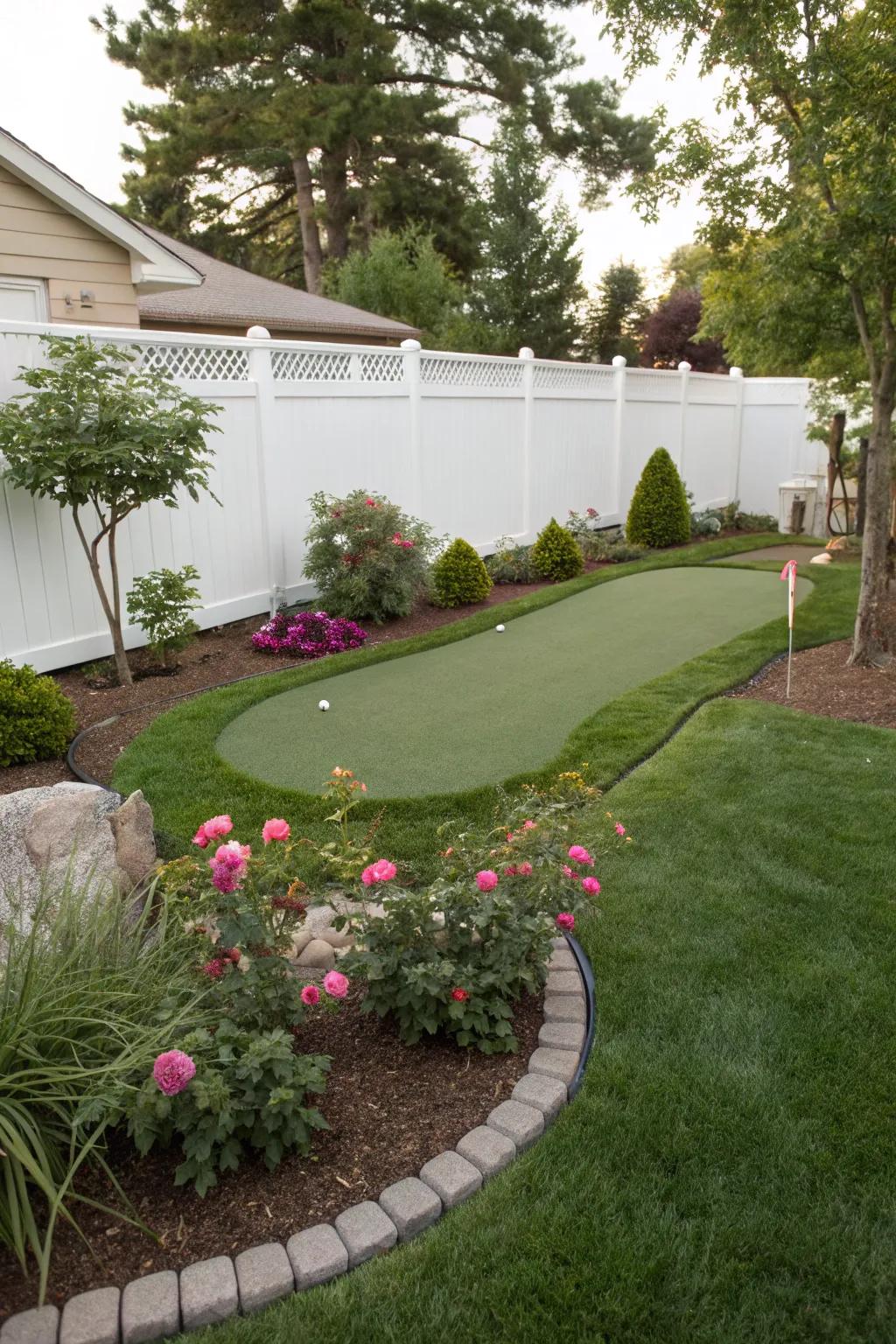 A custom-shaped putting green impeccably adapted to a compact backyard.