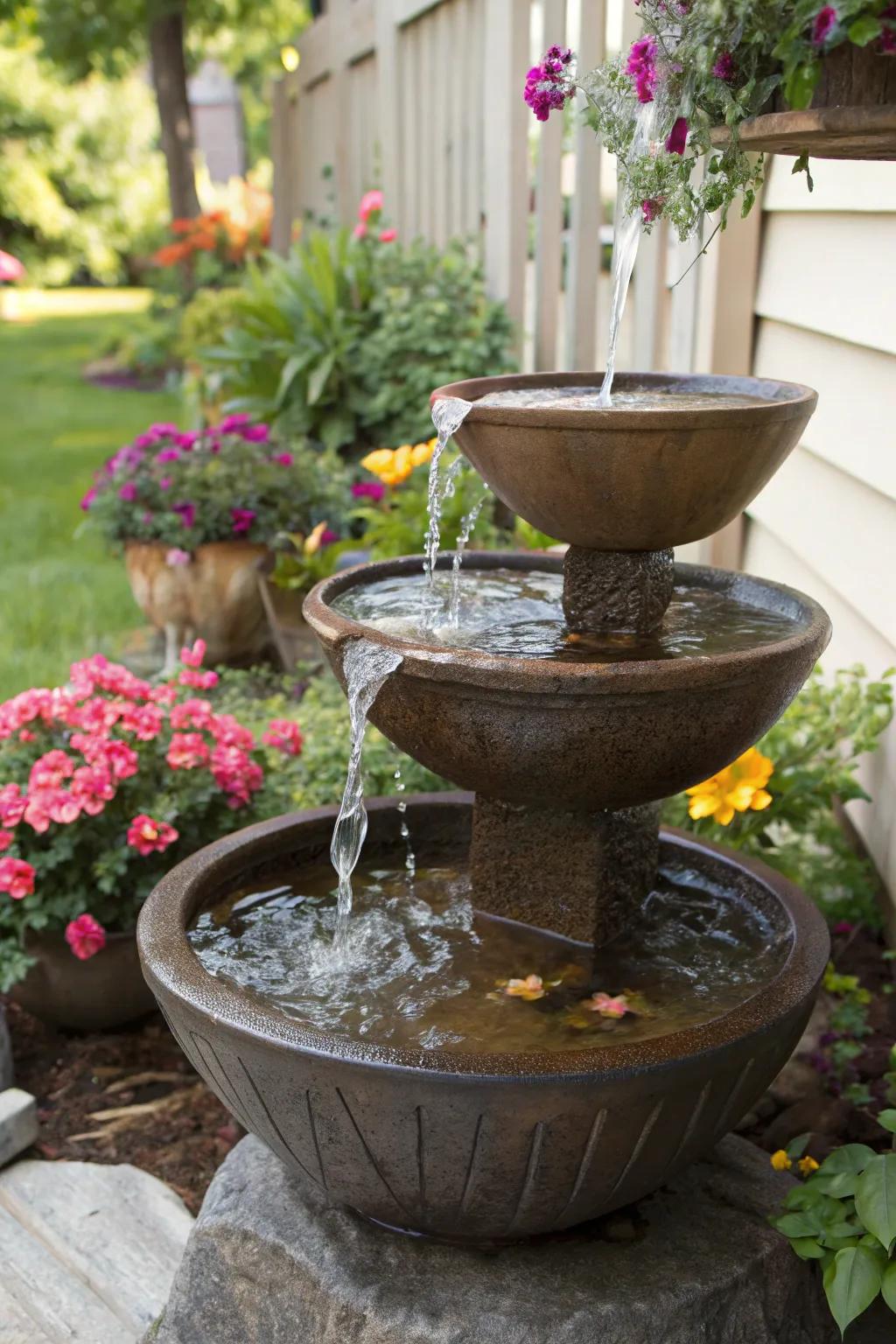 Staggered pots fashion a sensational upright fountain element.