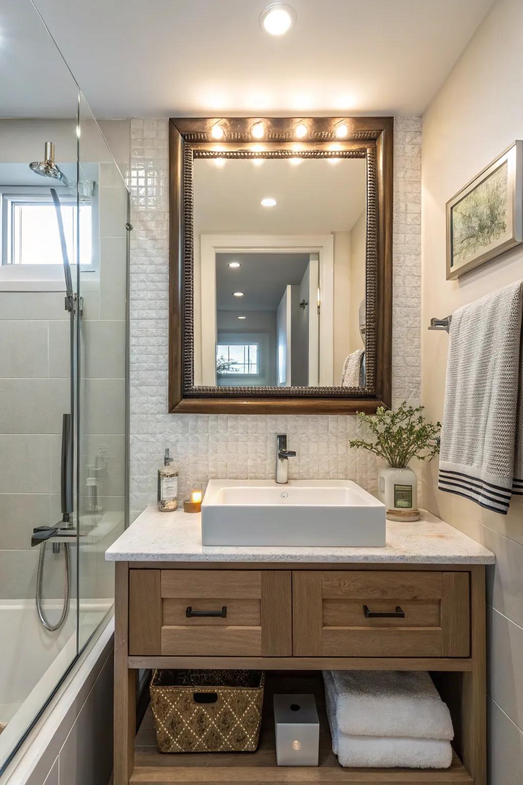 Mirrors set above backsplashes give the appearance of spaciousness.