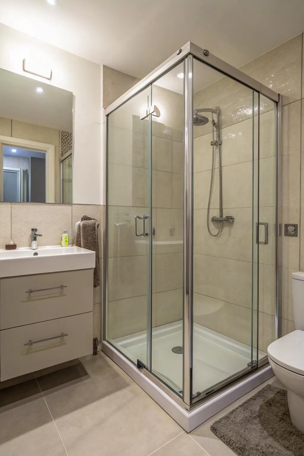 A walk-in shower that creates an open feel in a small bathroom.