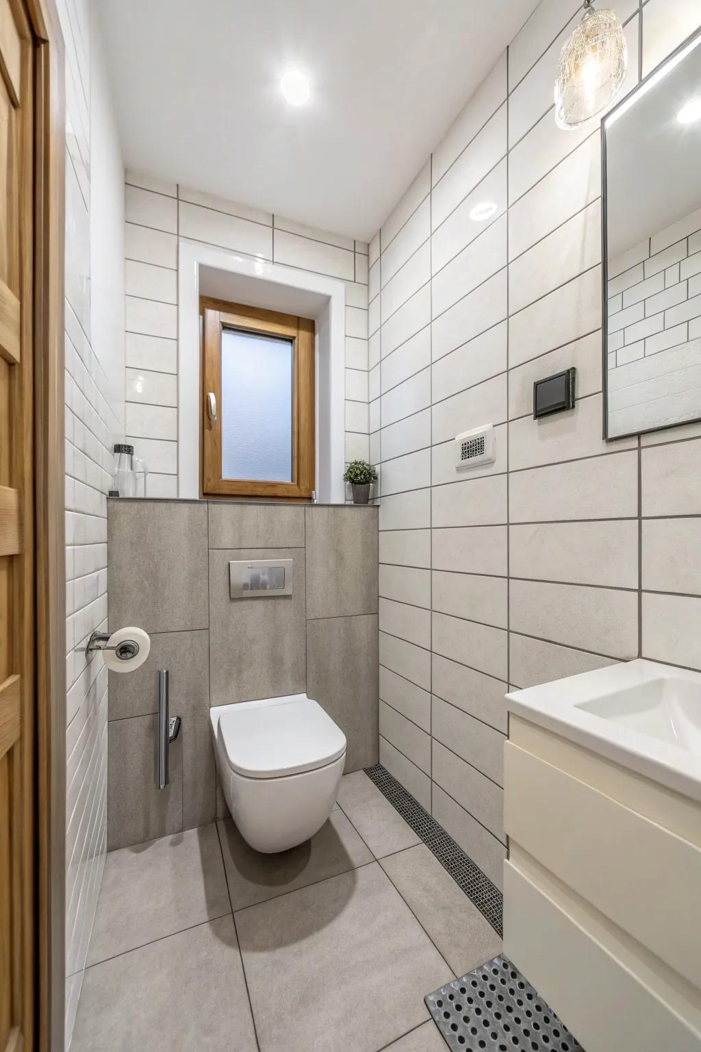 Subdued colors establish a serene and expansive ambiance in small bathrooms.