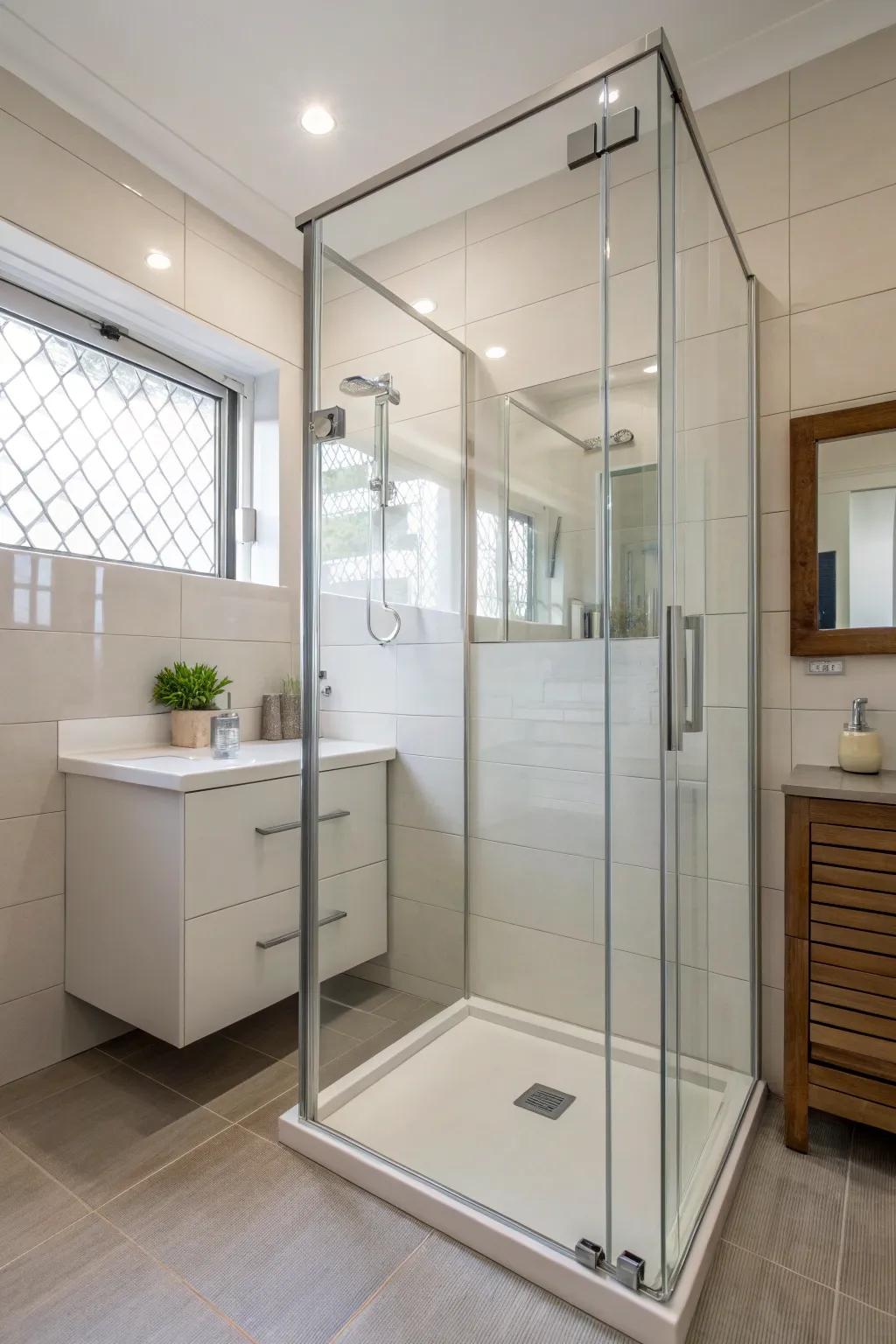 Clear glass panels visually expand the room.