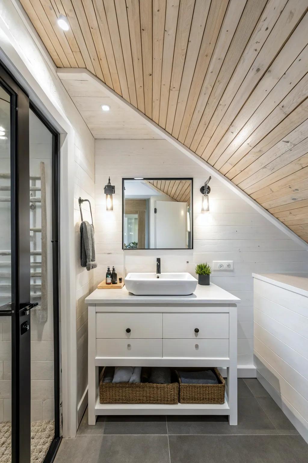 A bright washroom feels airy and spacious thanks to a lime-washed timber ceiling.