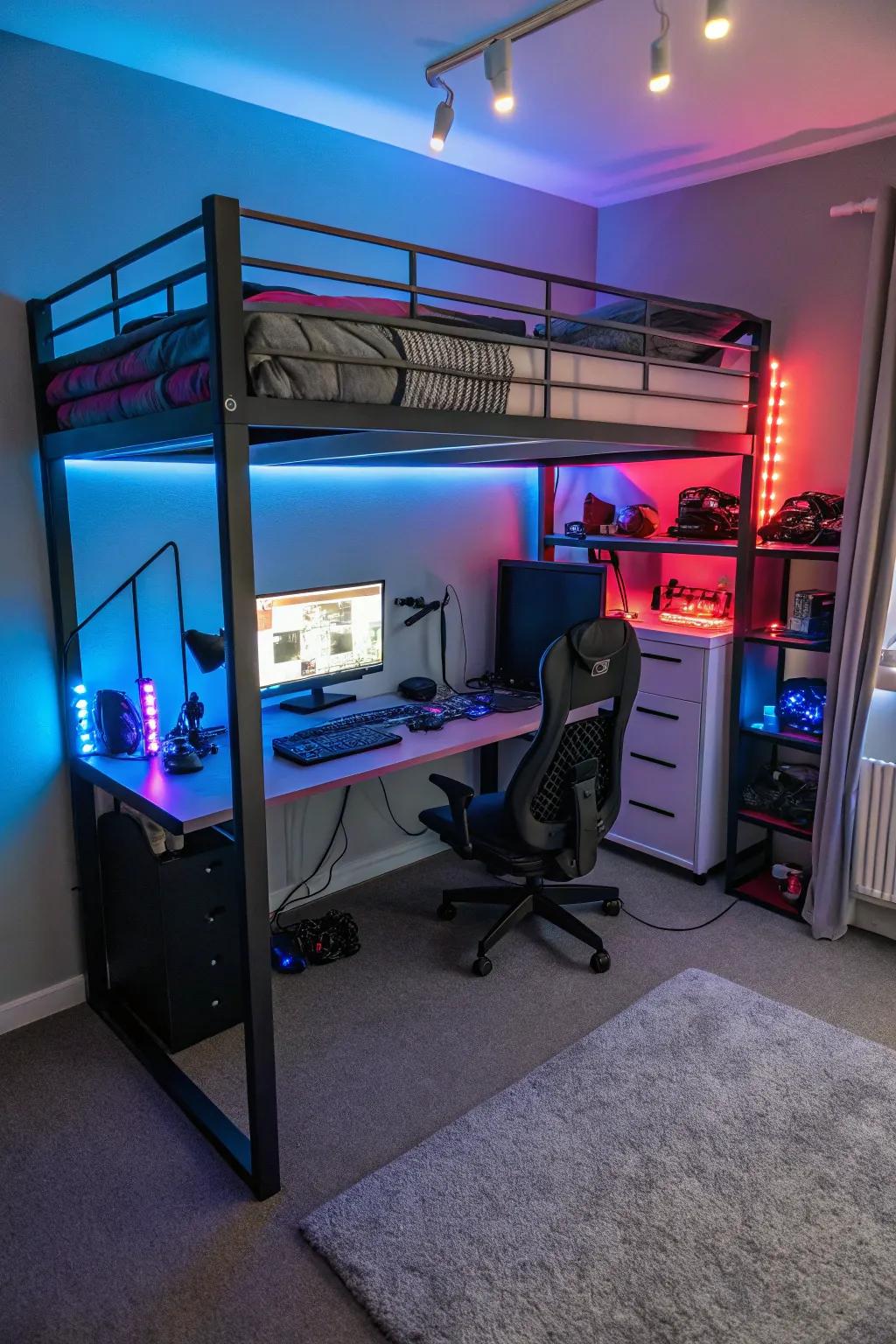 Use space up high with high beds to make a useful gaming area.