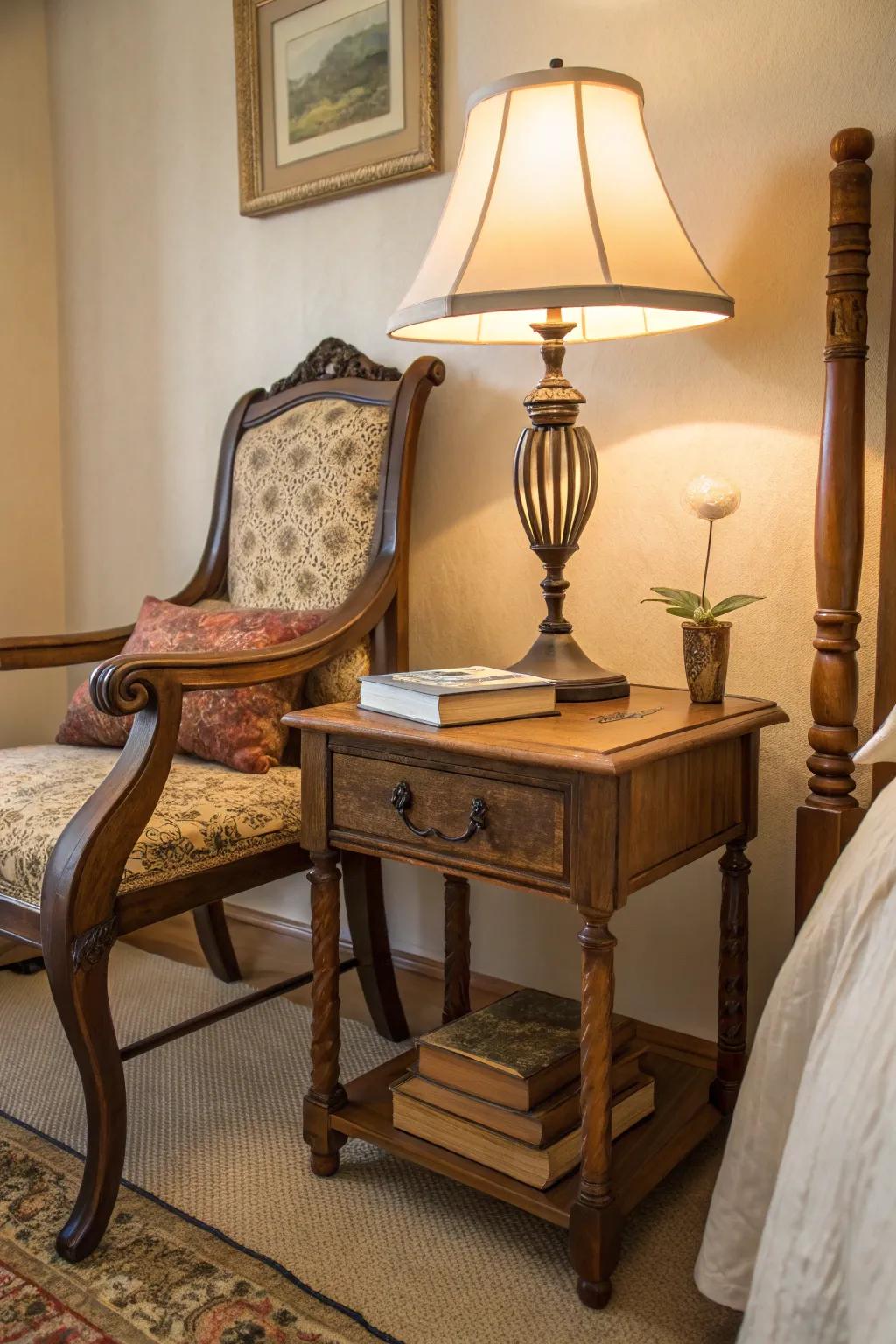 A vintage chair creatively functions as a bedside table.