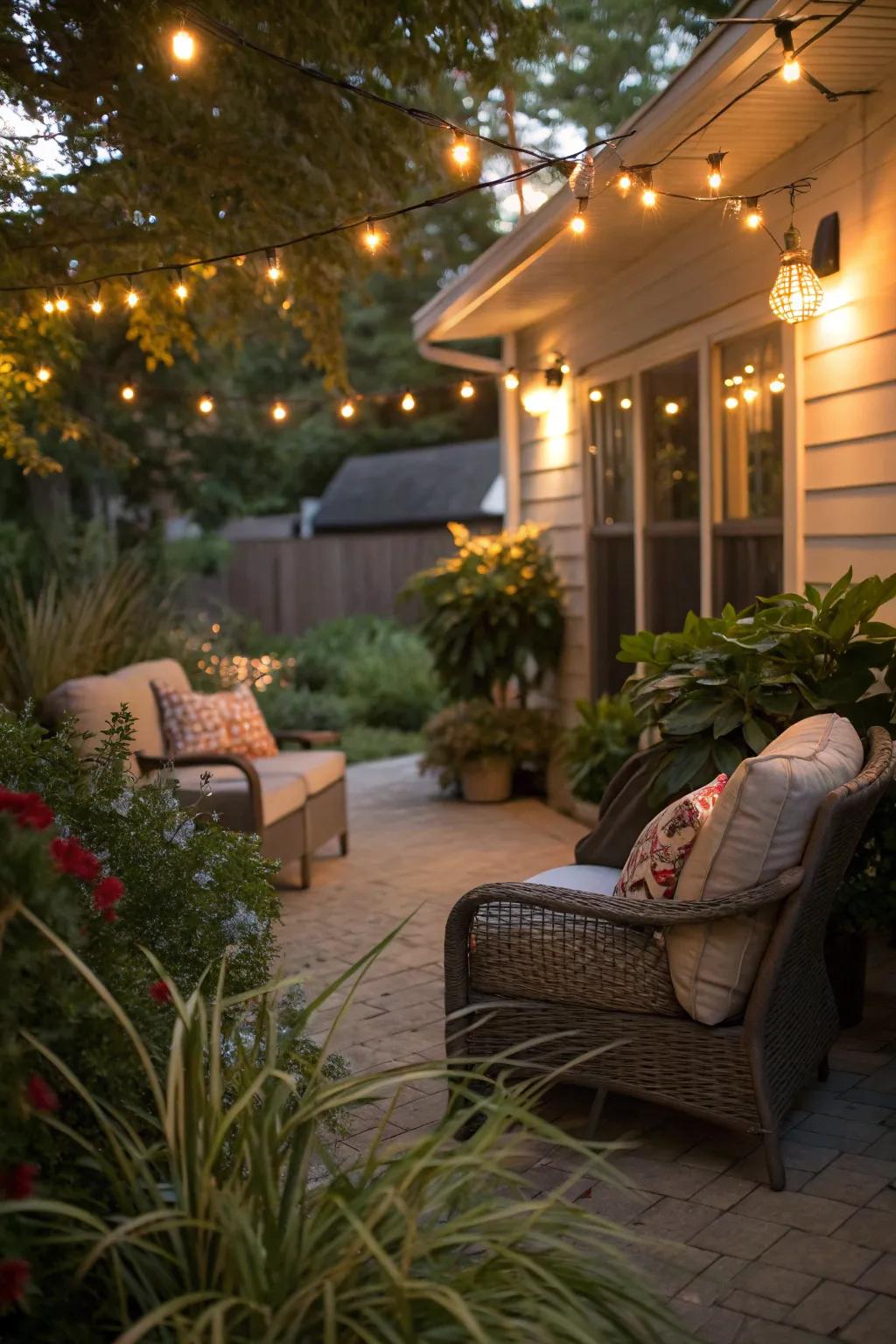 Festoon lights create an enchanting ambiance for evening relaxation.