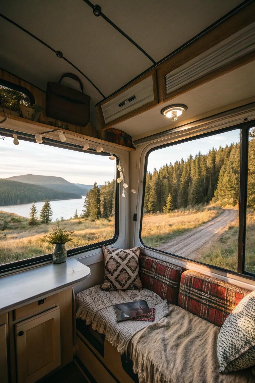 Large windows in a camper creating a bright and airy atmosphere.