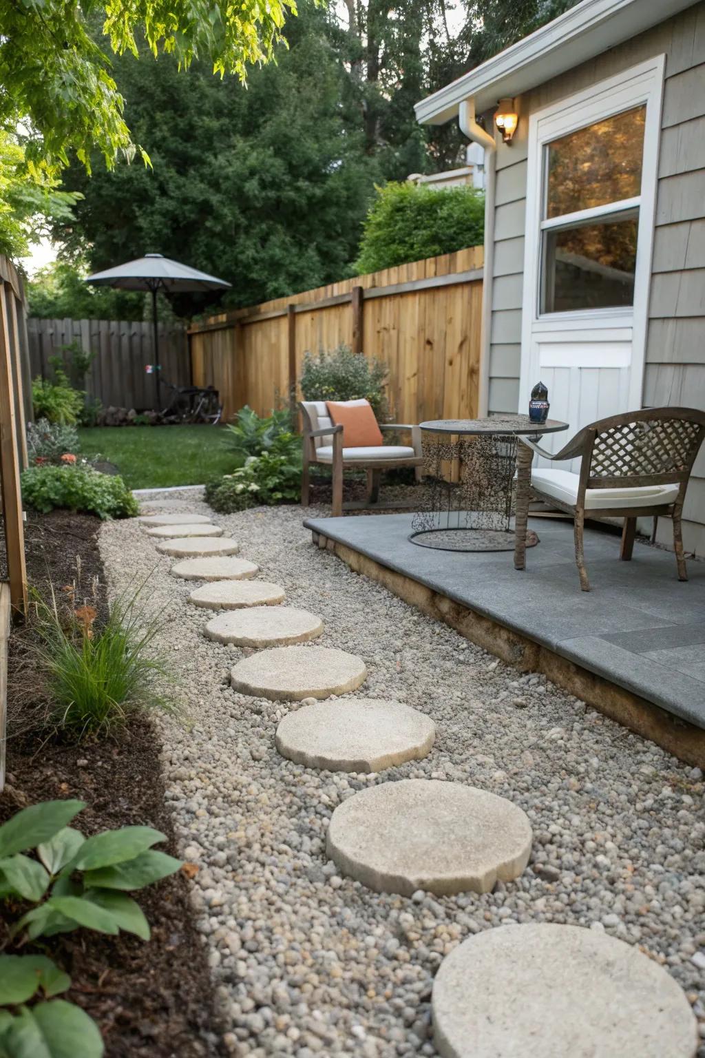 Small gravel and paving stones fashion a naturally sophisticated patio surface.