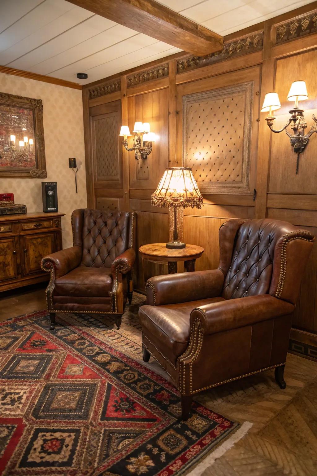 Lavish leather seating enhances the traditional ambiance of a small cigar room.