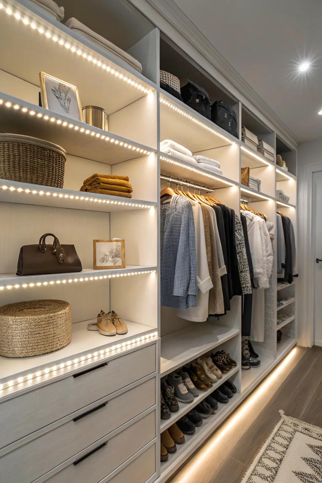 LED strip lights add a modern glow to closet shelves.