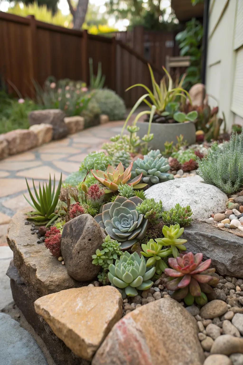A vibrant arrangement of succulents in a corner stone garden.