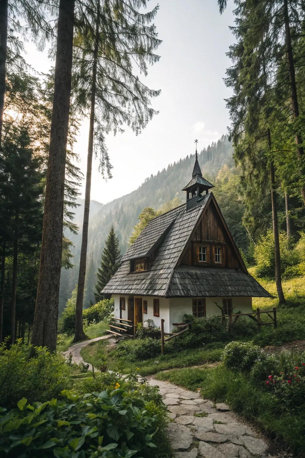 A cottage featuring a peaked roof nestled inside a peaceful wooded scene.