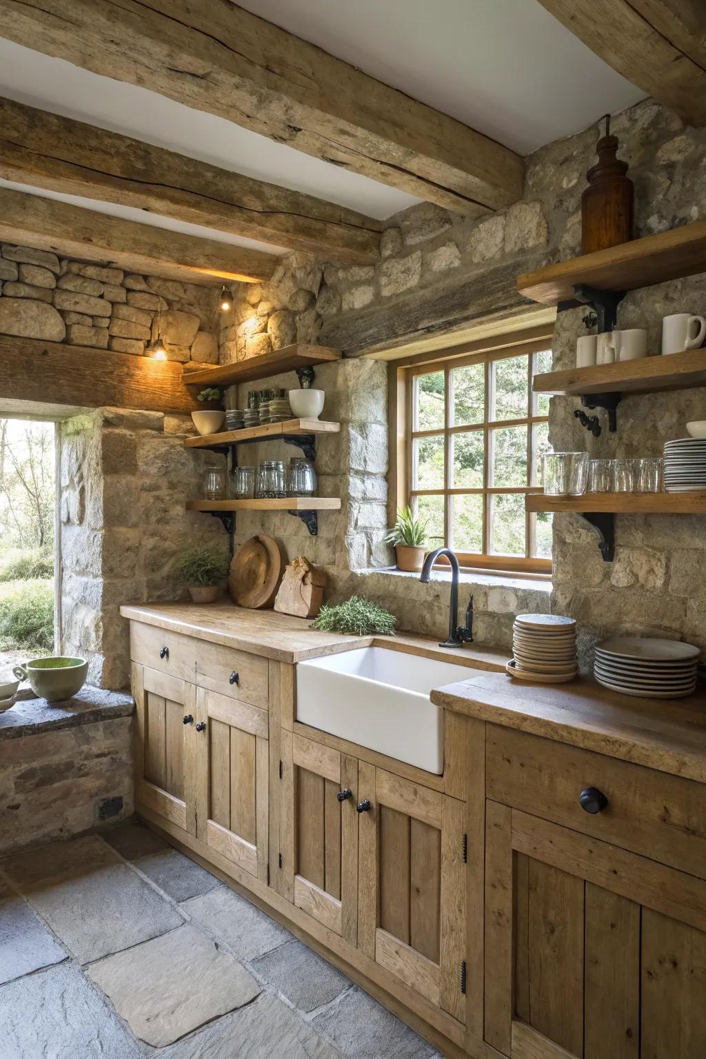 Original components lend genuine countryside appeal to the core of this small cottage kitchen.