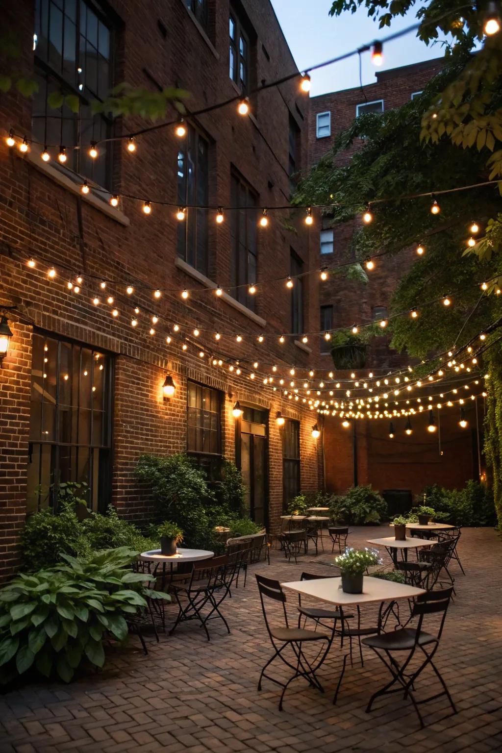 Twinkle beams contribute a captivating touch to a small courtyard.