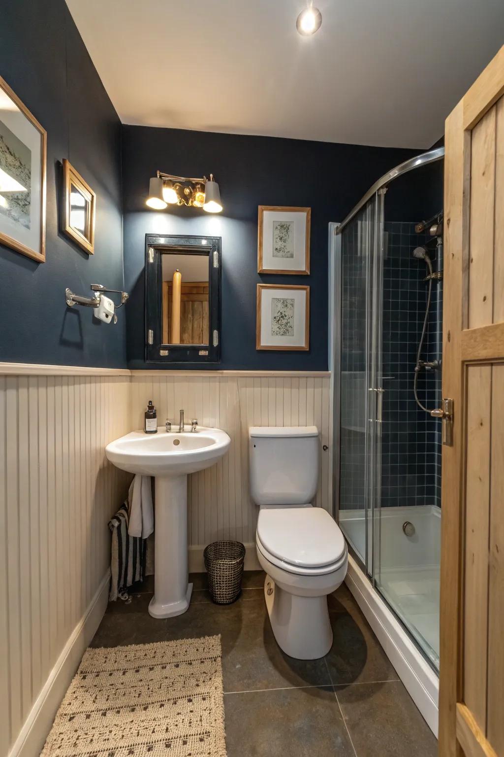 Dark blue walls provide a deep setting that elevates the bathroom's style.