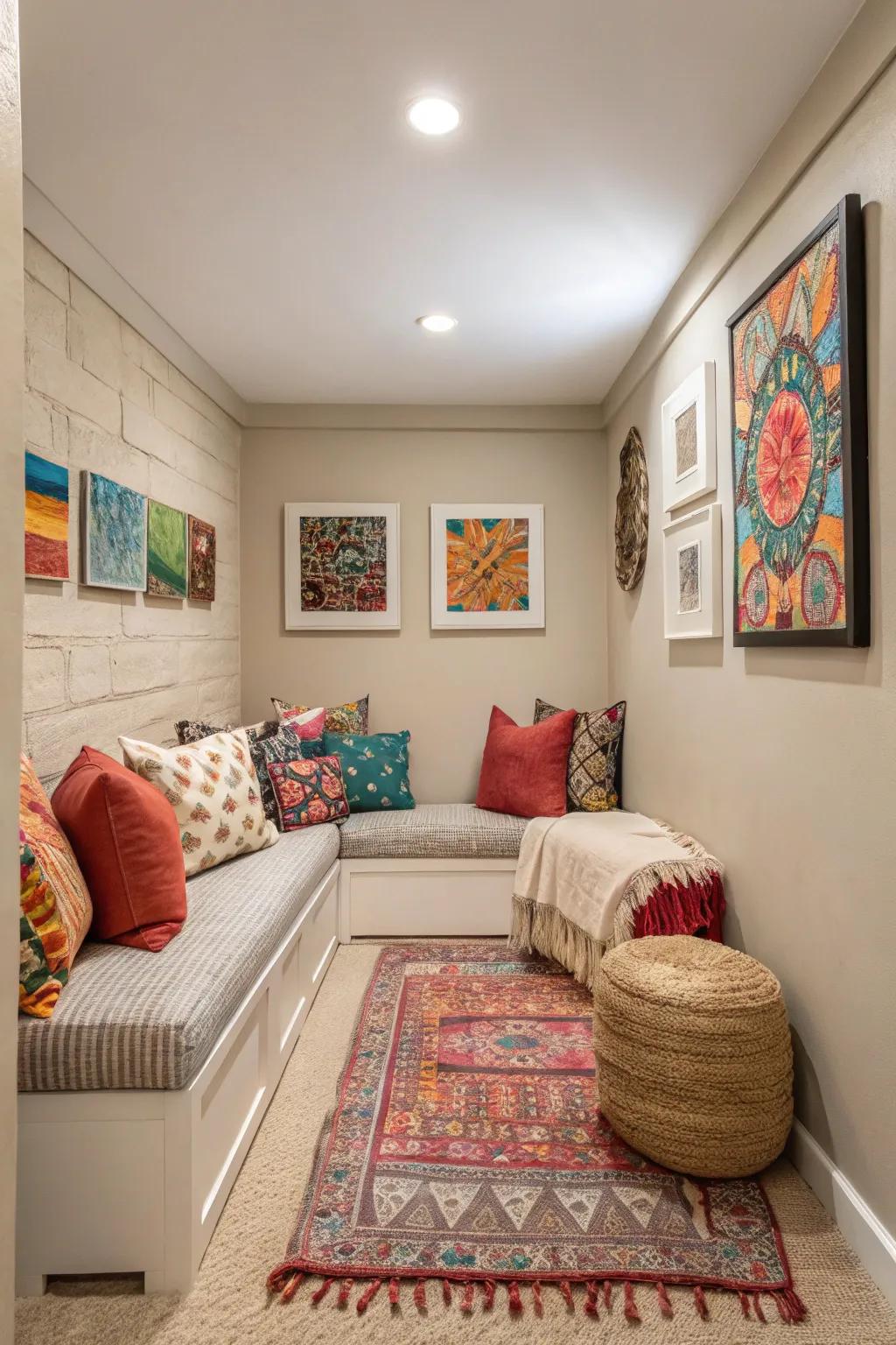 Neutral tones alongside bright details fashion a harmonious area.