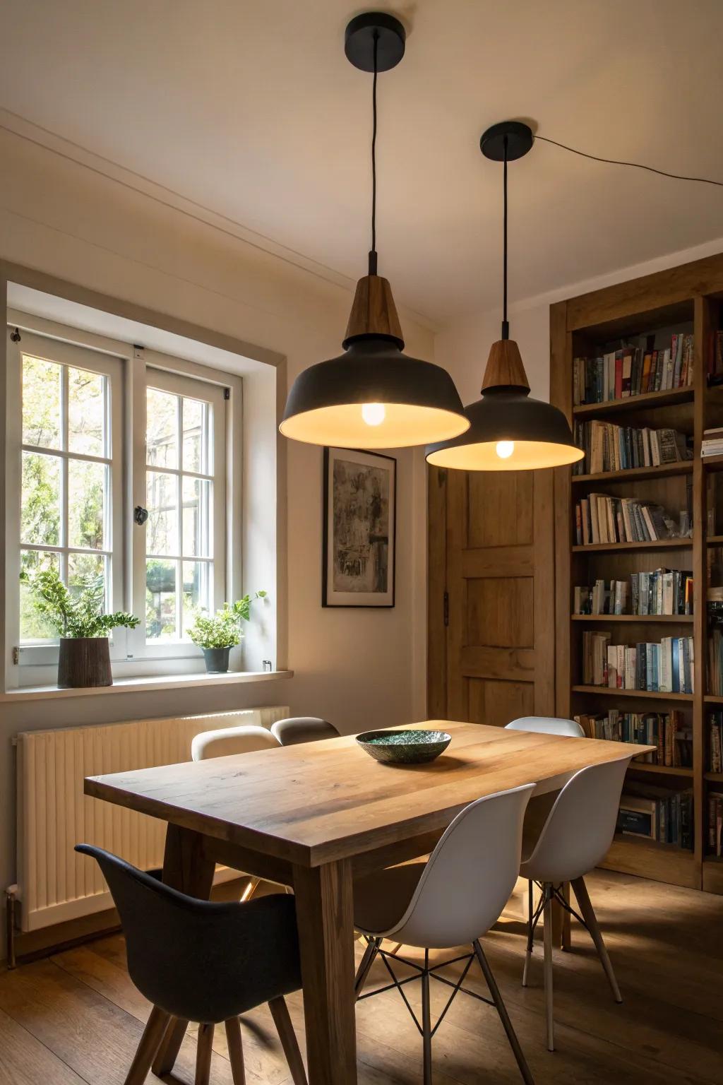 Pendant lights contribute a modern touch to small dining rooms.