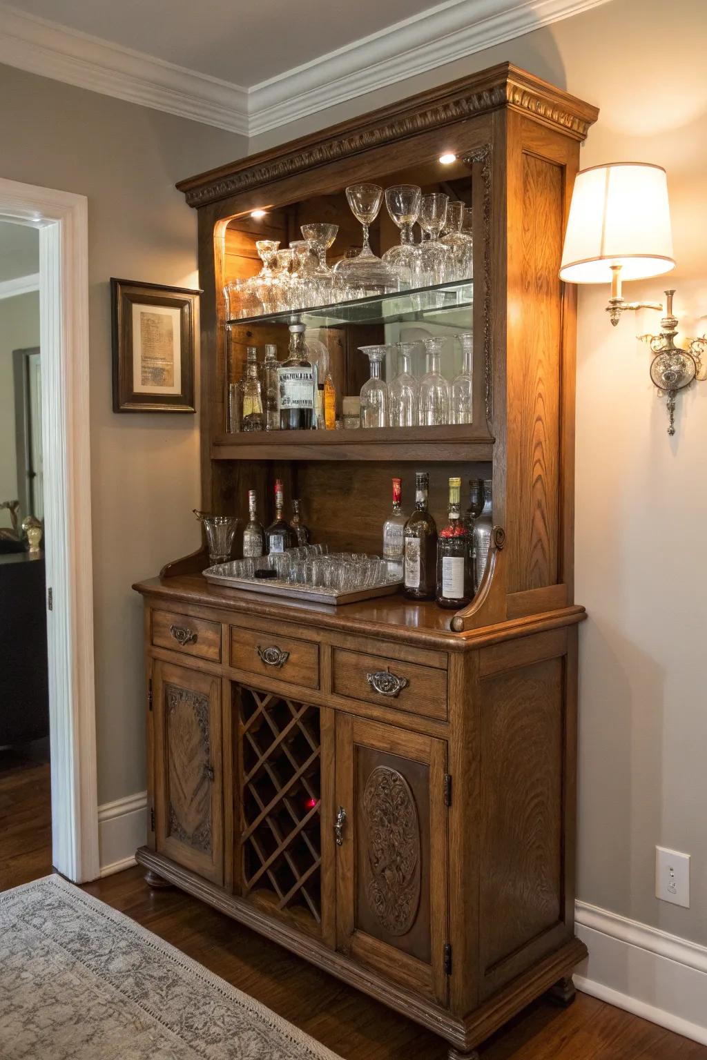 A classic hutch adapted to be a dry bar.