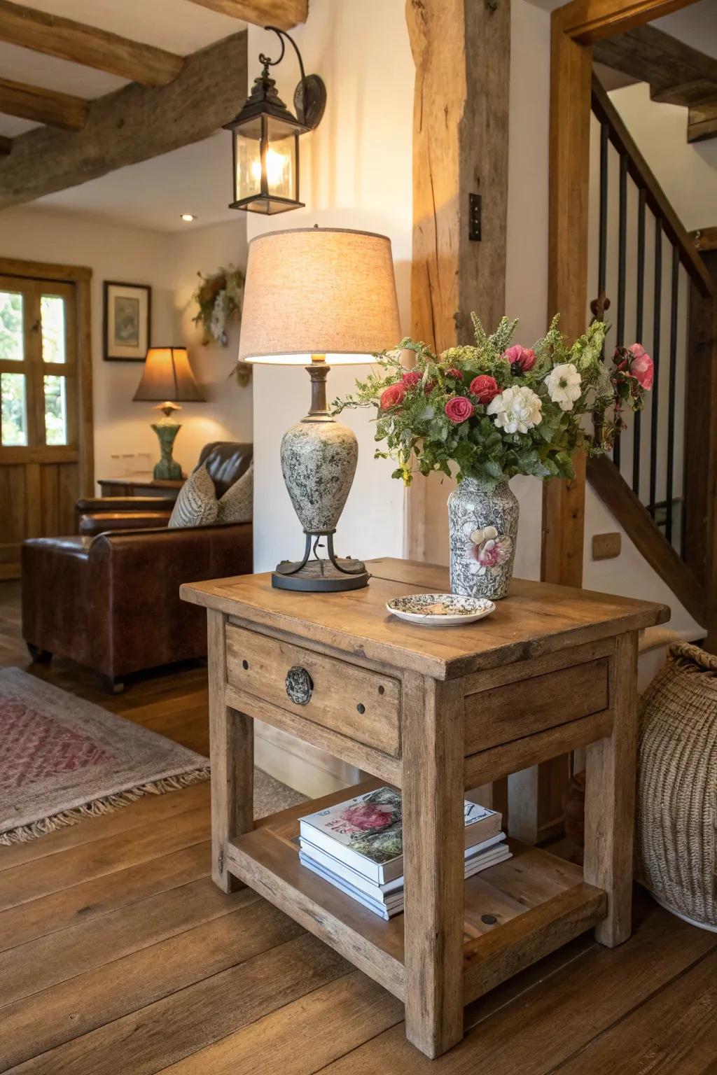 Rustic timber end table enriches any cottage-inspired room with warmth.