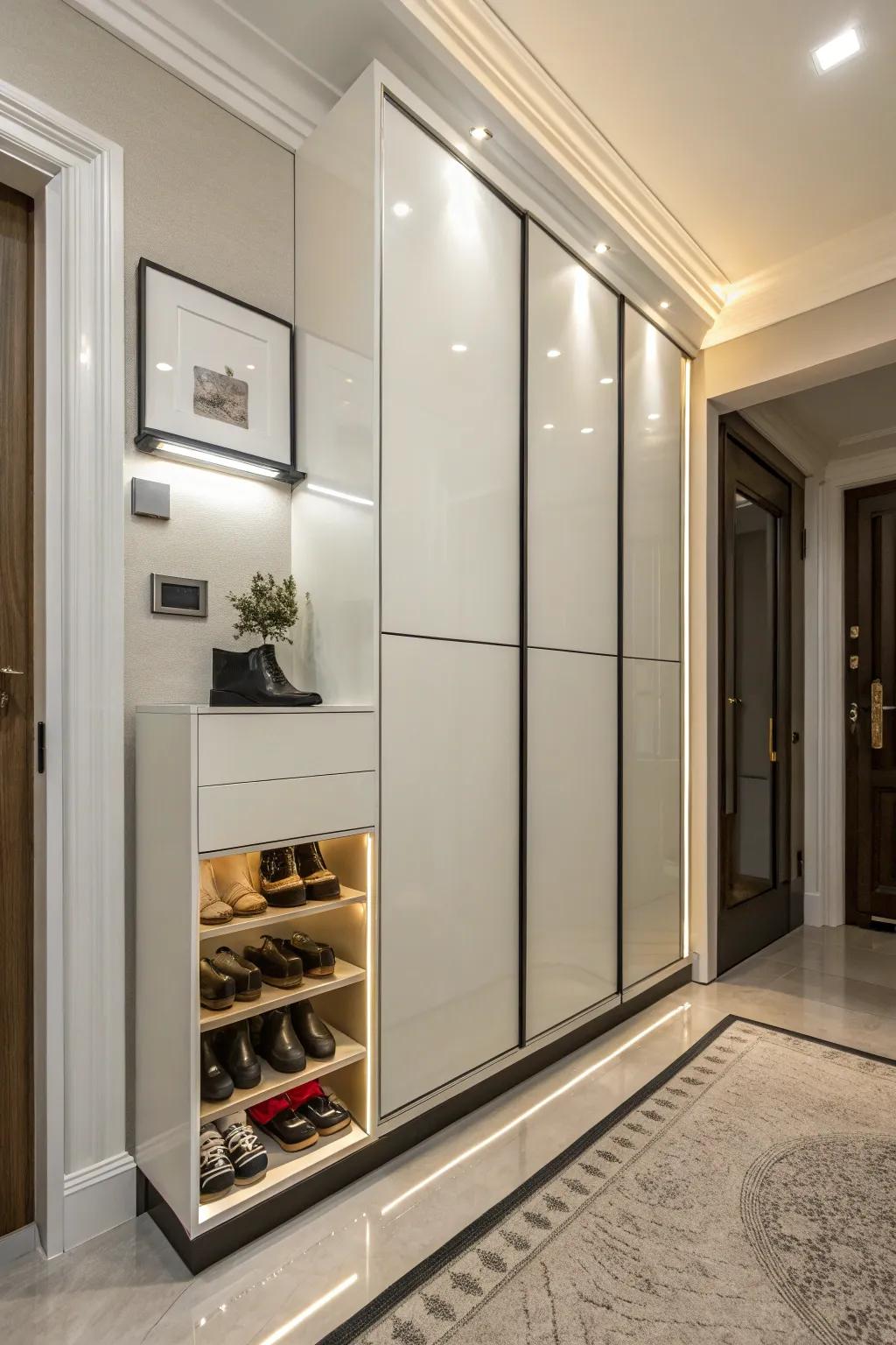 Enclosed shoe lockers offer a clean and organized entryway.