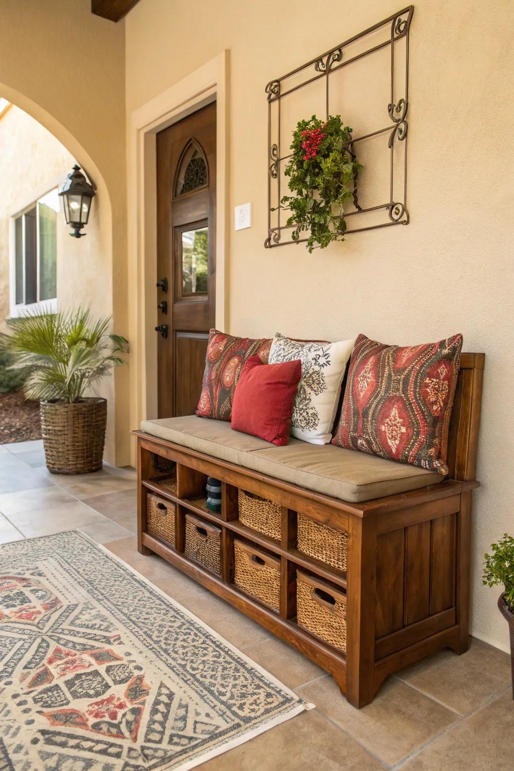 A bench with storage offering seating while concealing clutter.