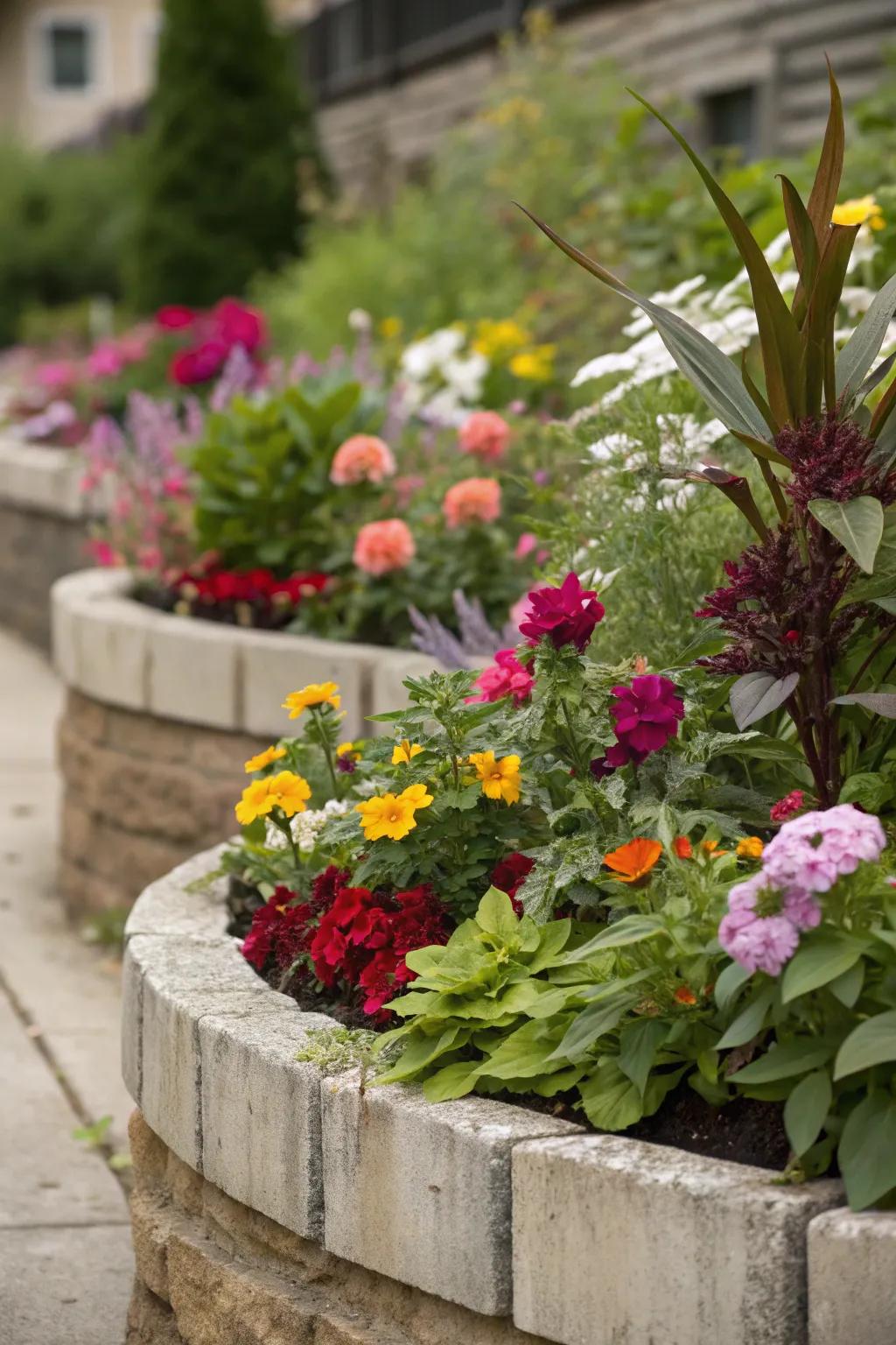 A superimposed compact flower garden with a lovely arrangement of plants in various heights and colors.