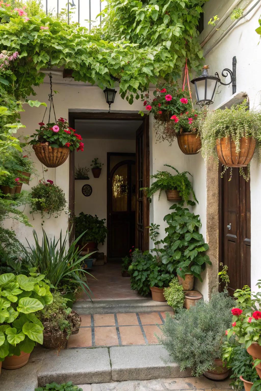 Greenery enhances the natural appeal of a small entrance.