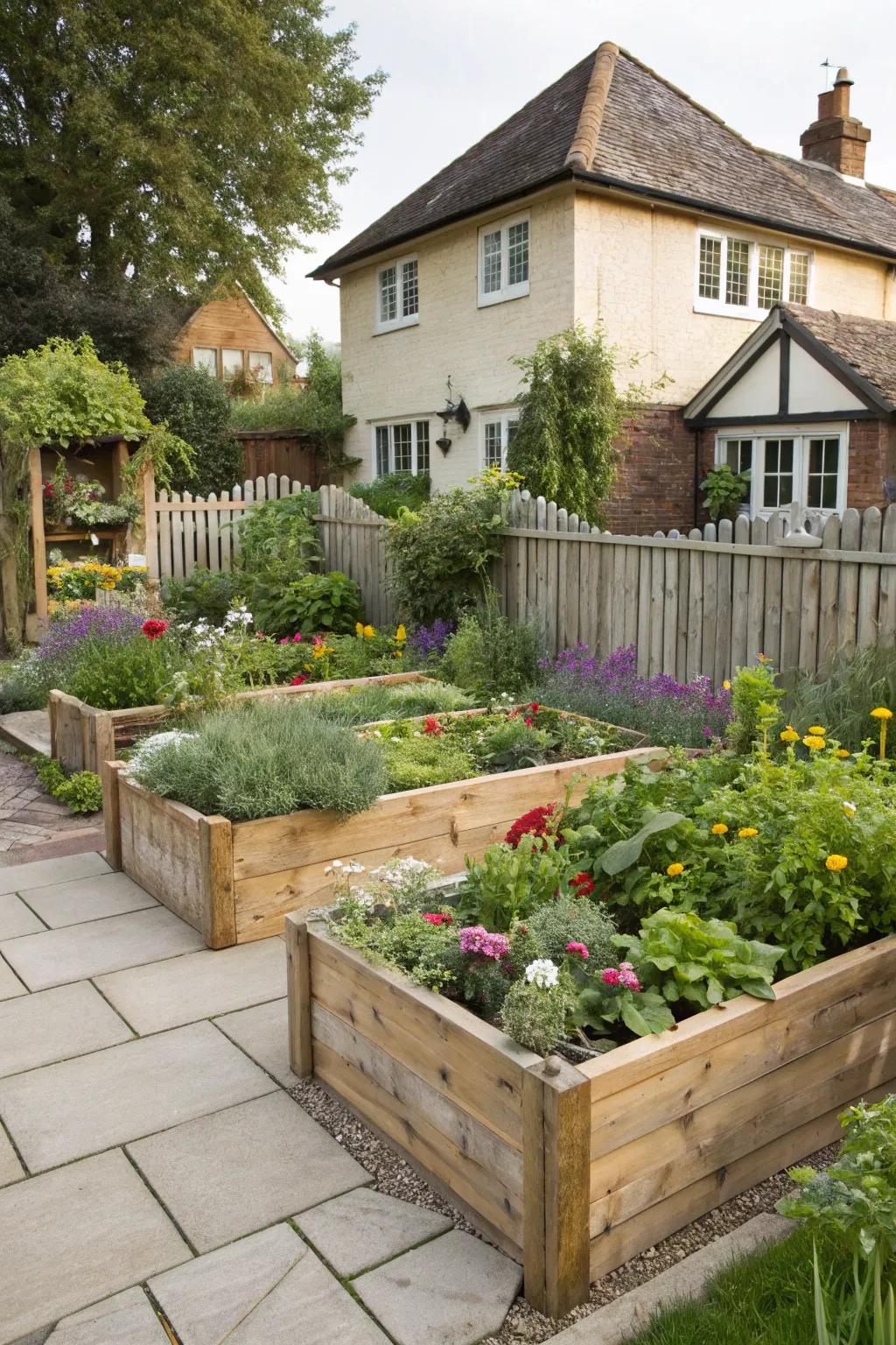 Lofty wooden gardens teeming with vibrant blossoms and herbs.