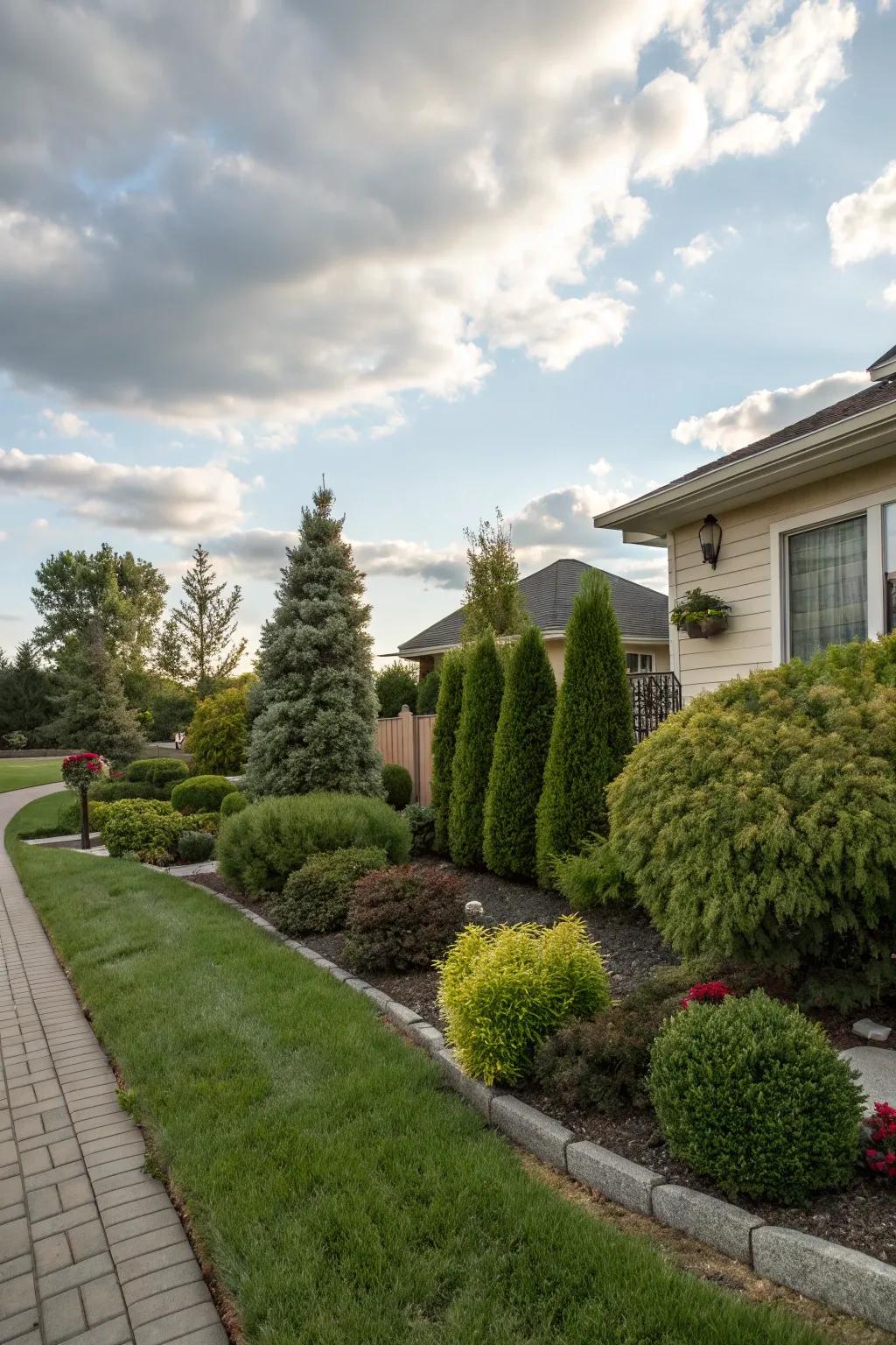 Smaller evergreens create an abundant setting while demanding very little maintenance.